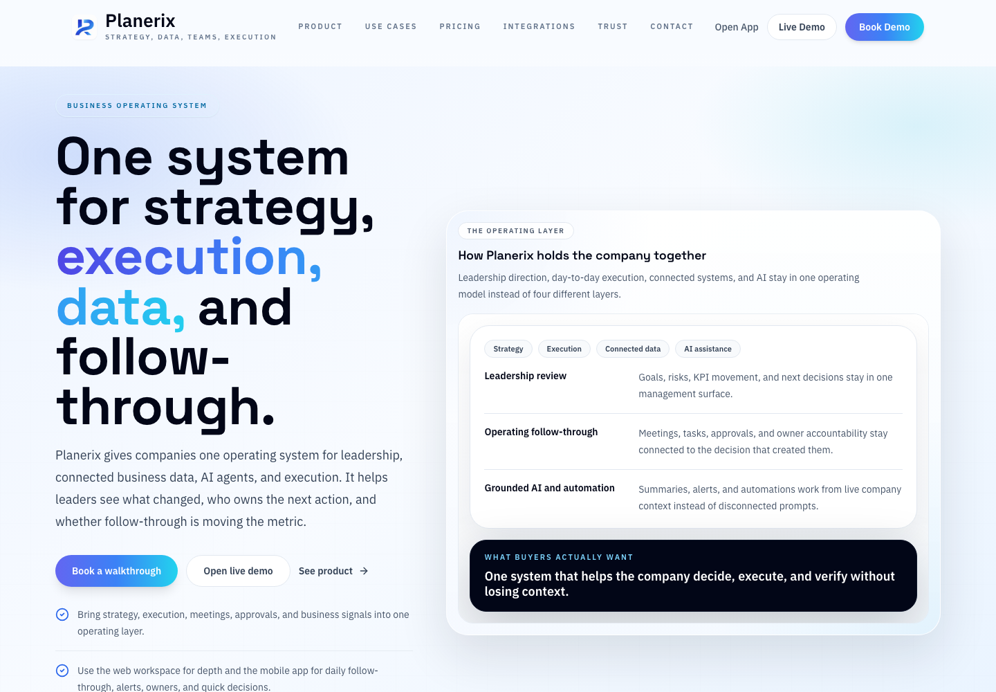 Planerix public product website showing AI execution operating system positioning